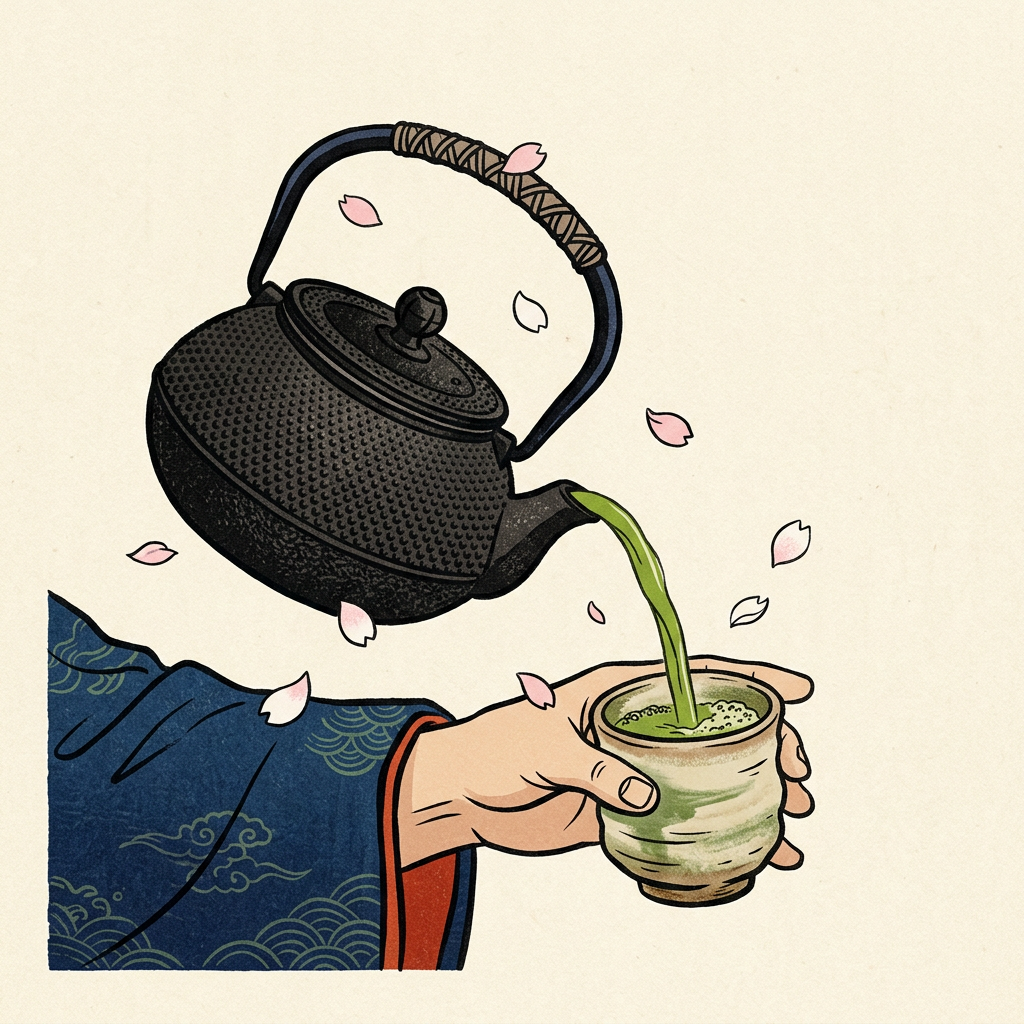 Ukiyo-e illustration of an iron kettle pouring green tea into a cup